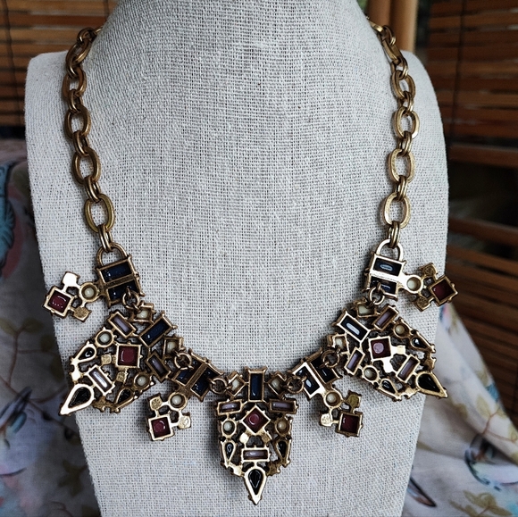 J. Crew Art Deco Revival Brass Tone Necklace Lifesaver Clasp Navy Lavender EUC - Picture 3 of 10